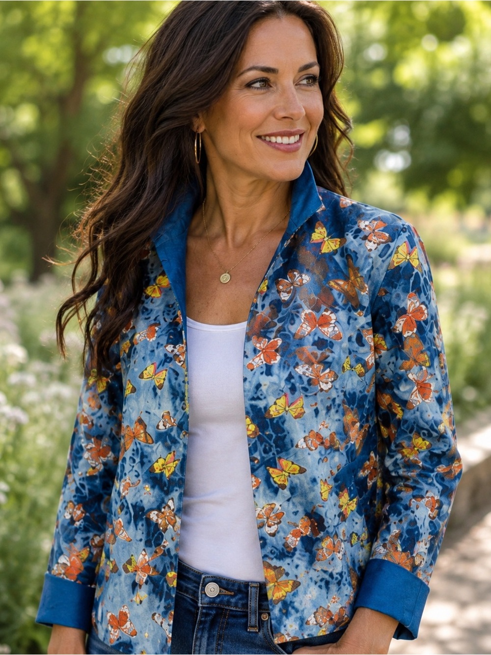 Gump’s - whimsical butterfly jacket with satin lining in blue, orange, yellow